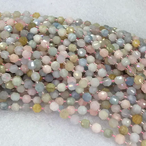 Natural Morganite Beads, Faceted Bicone Barrel Drum Shape, Gemstone Beads