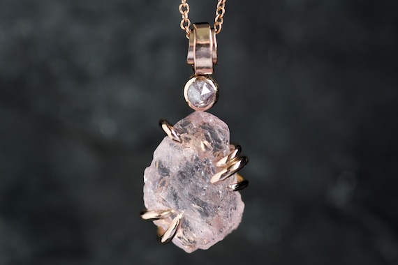 Rustic Morganite And Diamond Necklace Pink Crystal Necklace Natural Pink Stone Necklace Raw Crystal Pendant