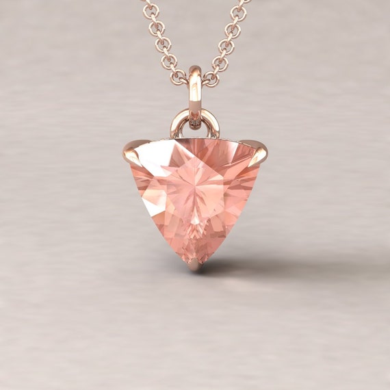 Trillion Morganite Pendant With Fang Prongs And Hidden Diamond Halo, Lifetime Care Plan Included, Genuine Gems And Diamonds Ls5742