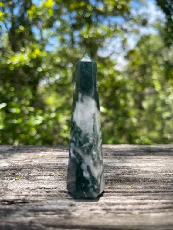 Moss Agate Point 3.1" - Reiki Charged - Powerful Energy - Nature Spirits  - New Beginnings - Birthing Crystal #13