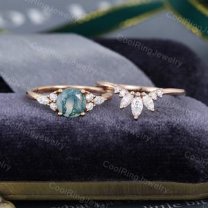 Shop Moss Agate Rings! Rose gold Moss Agate engagement ring vintage Moissanite /Diamond ring Marquise cut stacking art deco Bridal set Anniversary gift for women | Natural genuine Moss Agate rings, simple unique alternative gemstone engagement rings. #rings #jewelry #bridal #wedding #jewelryaccessories #engagementrings #weddingideas #affiliate #ad