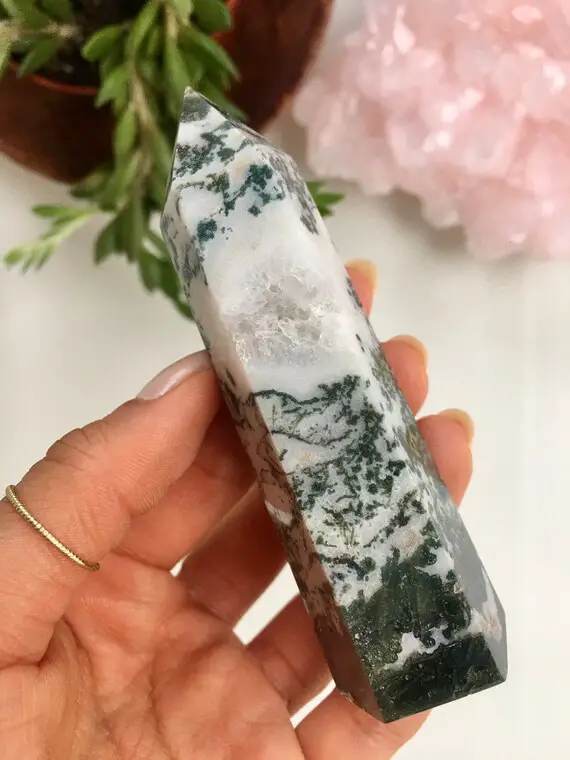 Moss Agate Tower, Moss Agate Stone, Moss Agate Point, Natural Moss Agate, Polished Moss Agate, Healing Crystal, Moss Agate, Green Moss Agate