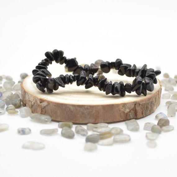 Black Obsidian  Gemstone Chips   Beads  Bracelet Sample Strand - 5mm - 8mm - 7.5" Long