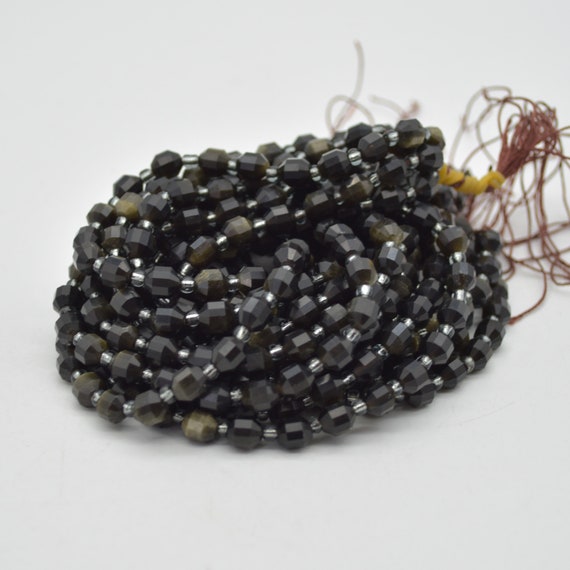 Grade A Natural Golden Sheen Obsidian Semi-precious Gemstone Double Tip Faceted Round Beads - 5mm X 6mm - 15" Strand