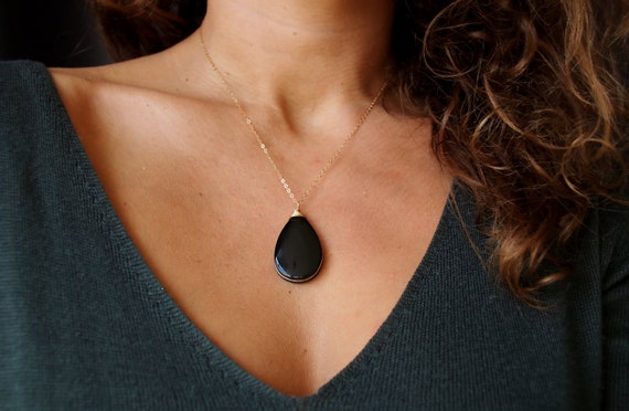 Black Obsidian Gold Necklace , Big Crystal Necklace