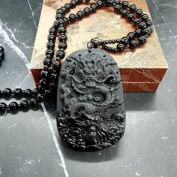 Black Obsidian Pendant Chinese Dragon Loong Obsidian Healing Crystal Pendant Diy Necklace