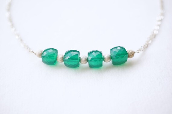 Green Onyx Cube, Sterling Silver Necklace