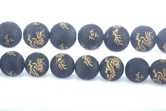 Matte Black Onyx Gemstone Dragon Textured Beads - Black And Gold Tone Beads - Lucky Symbol Beads - Jewelry Making Materials - 15inch