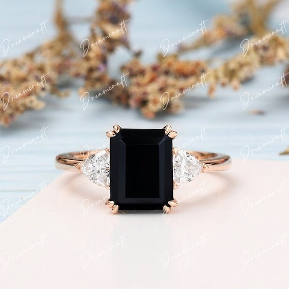 Black Onyx Engagement Ring 4ct Emerald Cut Vintage Moissanite 14k Yellow Gold 3 Stone Engagement Ring Bridal Ring Anniversary Gift For Women