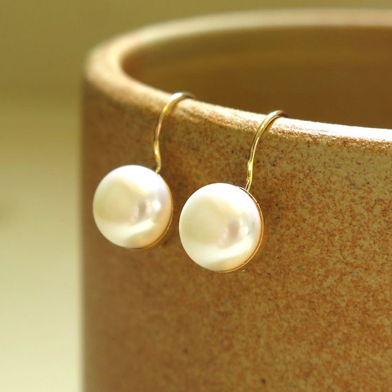 14k Solid Yellow Gold 8 Mm White Pearl Round Earrings, Wedding Jewelry, Romantic Gift, June Birthstone, Promise Jewelry,valentine's Day Gift