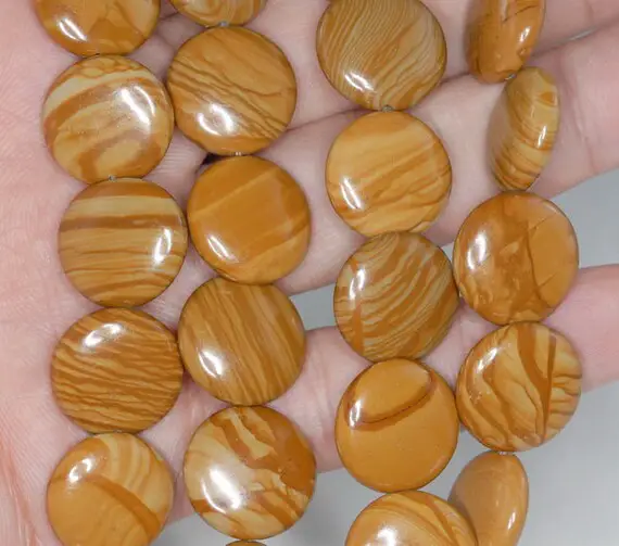 16mm Hickory Petrified Wood Gemstone Flat Round Button Loose Beads 15.5 Inch  (90184765-a125)