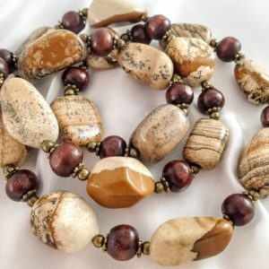 Chunky landscape jasper & wood necklace | Brown, beige picture jasper gemstone jewelry | Long, 25", statement | Southwestern and earthy | Natural genuine Gemstone necklaces. Buy crystal jewelry, handmade handcrafted artisan jewelry for women.  Unique handmade gift ideas. #jewelry #beadednecklaces #beadedjewelry #gift #shopping #handmadejewelry #fashion #style #product #necklaces #affiliate #ad