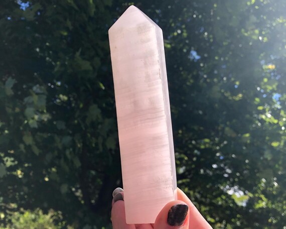 5.3" Pink Calcite Crystal Tower #3 Polished Point, Banded Light Pastel Pink Gemstone Decor For Home, Uv Reactive, Witchy Gift For Her Friend