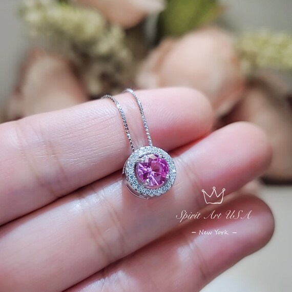 Tiny Round Pink Tourmaline Choker Necklace - Sterling Silver Gemstone Lucky Circle Pink Tourmaline Pendant 059