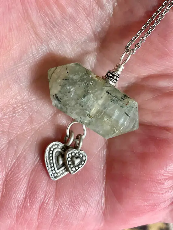 Prehnite Silver Heart Talisman Necklace, Boho Necklace, Crystal Pendant, Boho Jewelry, Double Terminated Crystal, Talisman Necklace