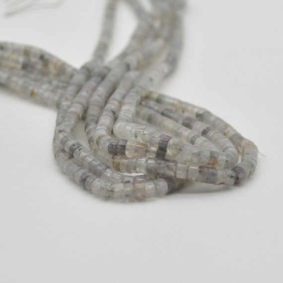 Natural Grey Quartz Semi-precious Gemstone Flat Heishi Rondelle / Disc Beads - 4mm X 2mm - 15" Strand