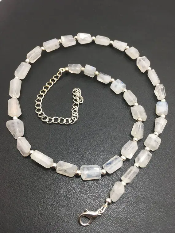 16" Inches White Rainbow Moonstone Beaded Necklace ,moonstone Faceted Nugget Shape Necklace , Flashy Moonstone Necklace,gift For Her