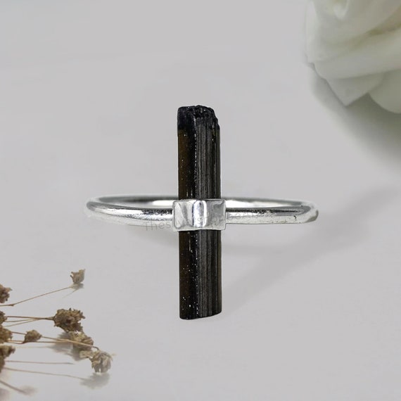 Raw Black Tourmaline Ring, Tourmaline Pencil Ring, Handmade Tourmaline Ring, Tektite Ring, Sterling Silver Ring, Women Ring, Gift For Her