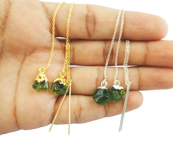 Raw Moldavite Earrings Gemstone Glass Rough - Gold Vermeil Threader - Long Chain Earrings Jewelry - Selling Per Pair Mother's Day