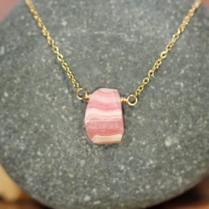 Rhodochrosite necklace, pink stone necklace, healing crystal necklace, light pink crystal, 14k gold filled satellite chain, wire wrapped gem | Natural genuine Array jewelry. Buy crystal jewelry, handmade handcrafted artisan jewelry for women.  Unique handmade gift ideas. #jewelry #beadedjewelry #beadedjewelry #gift #shopping #handmadejewelry #fashion #style #product #jewelry #affiliate #ad