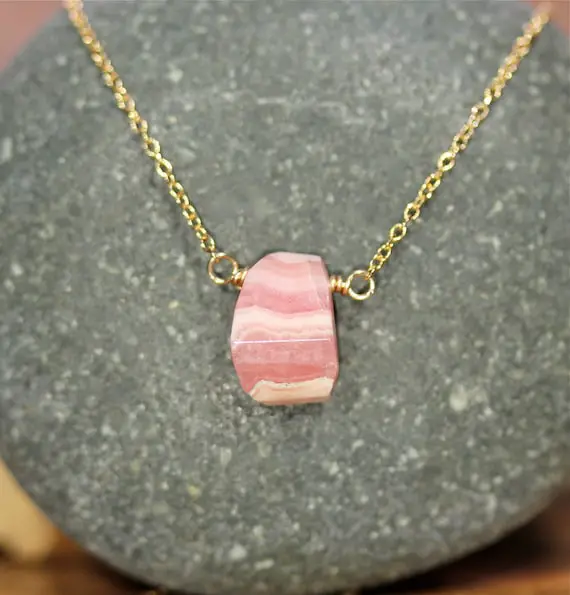 Rhodochrosite Necklace, Pink Stone Necklace, Healing Crystal Necklace, Light Pink Crystal, 14k Gold Filled Satellite Chain, Wire Wrapped Gem