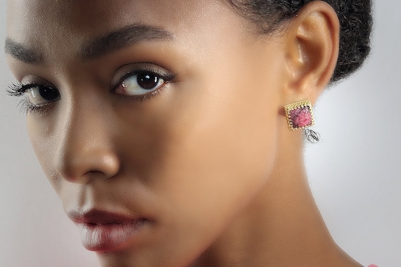 Gold Bridal Earrings · Rhodonite Earrings · Square Gemstone Earrings · Pink Bridal Dangle Earrings · 18k Gold Vermeil Earrings For Women