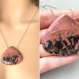 Shop Rhodonite Necklaces! Large Rhodonite Stone Necklace, Boho Statement Necklace, Raw Crystal Necklace, Healing Crystal, Real Rhodonite Crystal, Gold or Silver | Natural genuine Rhodonite necklaces. Buy crystal jewelry, handmade handcrafted artisan jewelry for women.  Unique handmade gift ideas. #jewelry #beadednecklaces #beadedjewelry #gift #shopping #handmadejewelry #fashion #style #product #necklaces #affiliate #ad