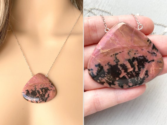 Large Rhodonite Stone Necklace, Boho Statement Necklace, Raw Crystal Necklace, Healing Crystal, Real Rhodonite Crystal, Gold Or Silver