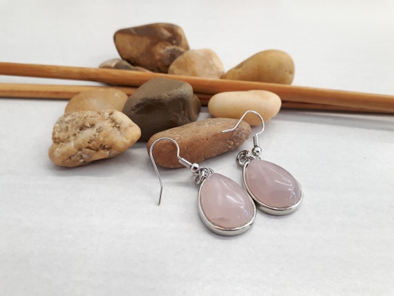 Genuine Rose Quartz Earrings, Pink Stone Dangle Earrings, Rose Quartz Jewelry, Rose Quartz Teardrop Earrings, Ovel Earring Gift For Women
