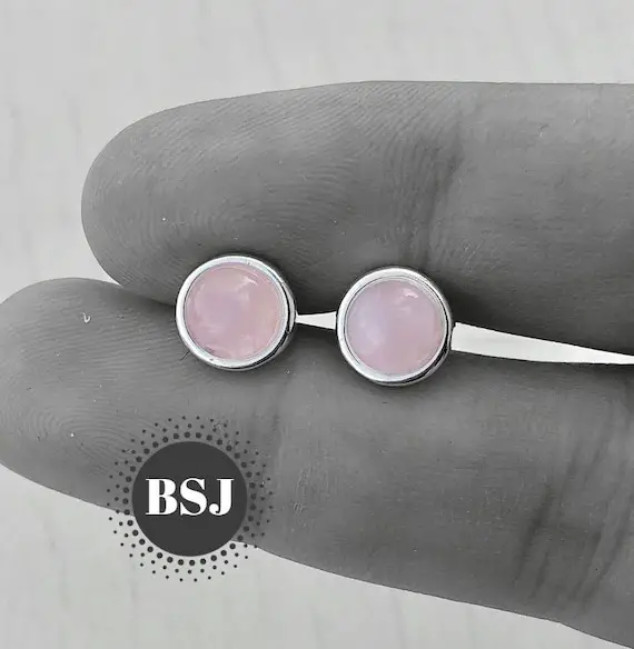 Rose Quartz Stud Earrings, Round Studs, Cobochon Gemstone, 925 Sterling Silver, Silver Gemstone Studs, Can Be Personalized, Gift, Sale, Mom