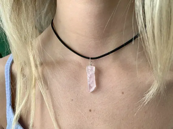 Rose Quartz Choker Necklace, Pink Rose Quartz Crystal Pendant Necklace Wire Wrapped Stone Jewelry, Black Cord Crystal Necklace, Gift For Her