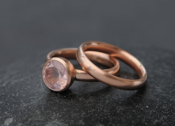 Pink Gemstone Engagement Ring, Rose Quartz Wedding Set In 18k Rose Gold
