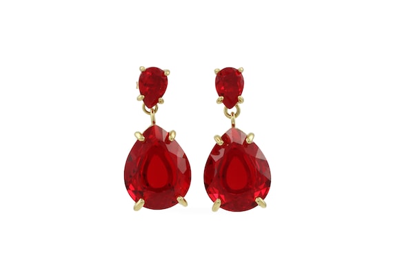 Long Pear Ruby Earrings · Prong Dangle Earrings · Gold Drop Earrings · July Birthstone Teardrop Earrings · Long Earrings For Women