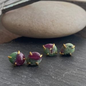 Ruby Zoisite Stud Earrings, Oval Ruby in Zoisite Stone Earrings, Minimalist Stone Studs,  Green Pink Gemstone Earrings, Raw Stone Earrings | Natural genuine Ruby Zoisite earrings. Buy crystal jewelry, handmade handcrafted artisan jewelry for women.  Unique handmade gift ideas. #jewelry #beadedearrings #beadedjewelry #gift #shopping #handmadejewelry #fashion #style #product #earrings #affiliate #ad