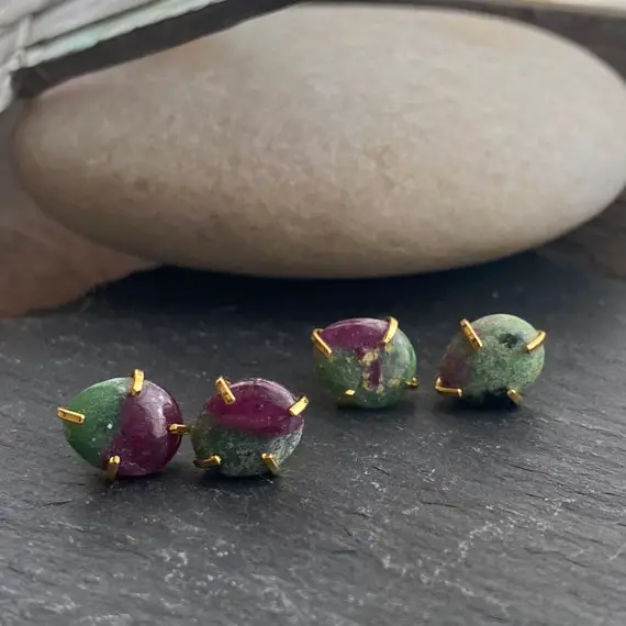 Ruby Zoisite Stud Earrings, Oval Ruby In Zoisite Stone Earrings, Minimalist Stone Studs,  Green Pink Gemstone Earrings, Raw Stone Earrings