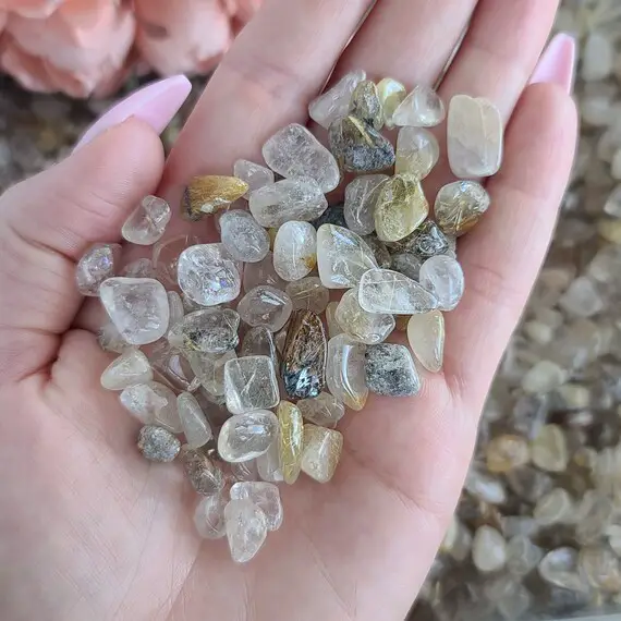 Small Tumbled Gold Rutile Quartz 5-15 Mm Crystal Chips, Bulk Gemstone Lots For Jewelry Making, Orgonites, Or Crystal Grids