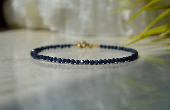Dark Blue Sapphire Bracelet - Genuine Sapphire Bracelet Femme, Skinny Dark Blue Sparkling Bracelet, Minimalist Jewelry, September Birthstone