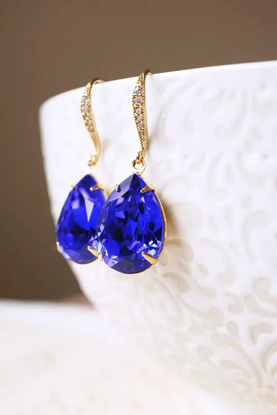 Gold, Cz Sapphire Swarovski Crystal Earrings, Pear Drop Earrings, Gold Blue Earrings, Gold Cz Earrings, Handmade Earrings, Bridal Earrings
