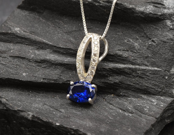 Sapphire Pendant, Solitaire Pendant, Round Blue Gemstone Necklace, September Birthstone, Cz Diamond, Adina Stone, 925 Sterling Silver