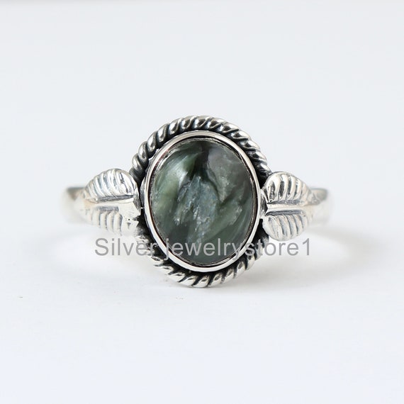 Seraphinite Ring , Handmade Ring, Natural Green Seraphinite Silver Ring, Women Ring, 7x9 Mm Oval Ring, Gemstone Ring, Promise Ring