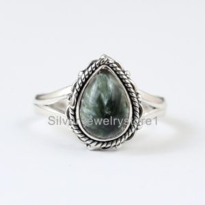 Shop Seraphinite Rings! Real Seraphinite Jewelry, Handmade Ring, Natural Green Seraphinite Silver Ring, Womens Ring,7×10 mm Pear Ring, Gemstone Ring, Promise Ring | Natural genuine Seraphinite rings, simple unique handcrafted gemstone rings. #rings #jewelry #shopping #gift #handmade #fashion #style #affiliate #ad