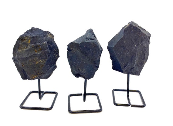 Raw Shungite Stone On Metal Stand - Healing Crystals And Stones - Shungite Stone - Emf Protection Stones - Black Stone - Root Chakra Stones