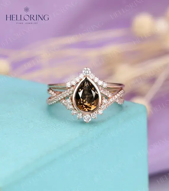 Vintage Smoky Quartz Engagement Ring Set Art Deco Rose Gold Pear Bezel Set Twisted Band Curved Diamond Moissanite Anniversary Promise Ring
