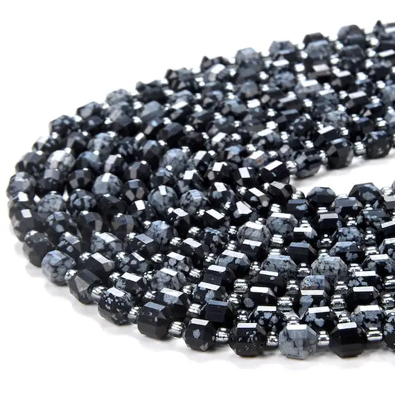 6mm Snowflake Obsidian Gemstone Grade Aa Faceted Prism Double Point Cut Loose Beads (d111)