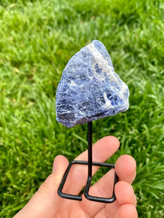 Raw Sodalite Stone On Metal Stand - Rough Sodalite Crystal - Sodalite Crystal On Metal Stand - Raw Sodalite With Stand - Sodalite Decor