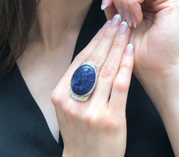 Sodalite Ring, Natural Sodalite, Statement Ring, Sagittarius Birthstone, Large Blue Stone Ring, Bohemian Ring, Massive Ring, 925 Silver Ring