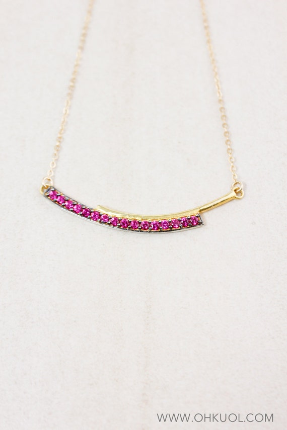Gold Pink Spinel Bar Necklace, Bar Pendant, Horizontal