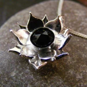 Shop Spinel Pendants! Silver Lotus Flower Black spinel Pendant necklace with Sterling cable chain | Natural genuine Spinel pendants. Buy crystal jewelry, handmade handcrafted artisan jewelry for women.  Unique handmade gift ideas. #jewelry #beadedpendants #beadedjewelry #gift #shopping #handmadejewelry #fashion #style #product #pendants #affiliate #ad