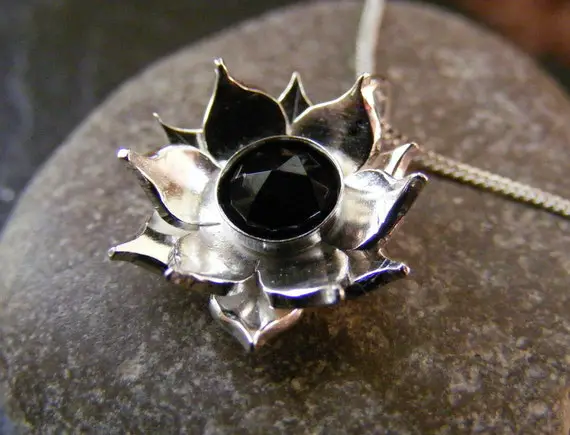 Silver Lotus Flower Black Spinel Pendant Necklace With Sterling Cable Chain