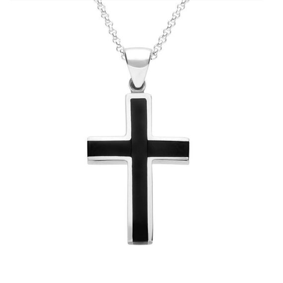 Sterling Silver Whitby Jet Medium Cross Necklace